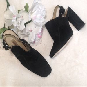 Black Suede Buckle Strap Back Square Toe Block Heel Mule Booties